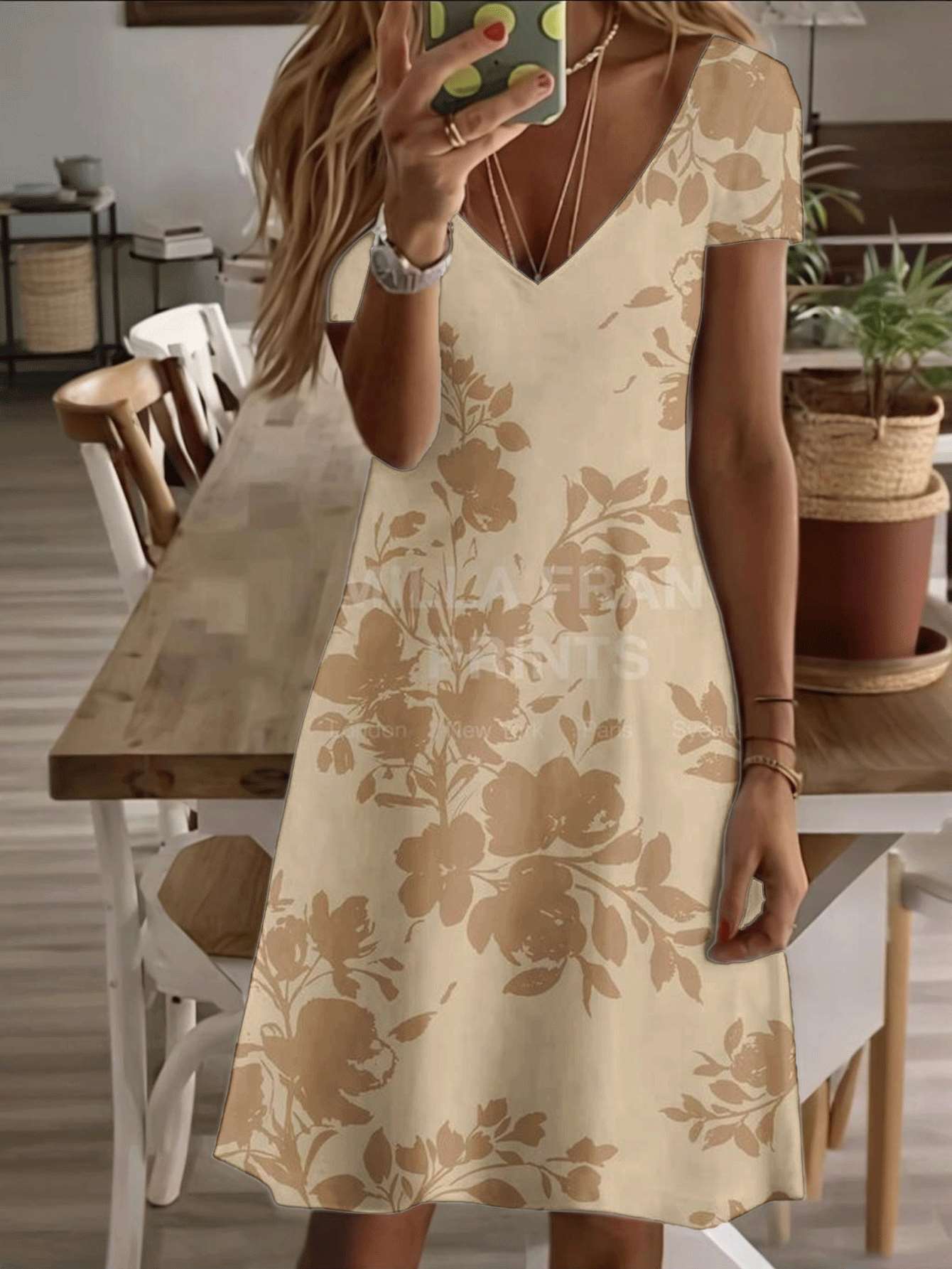 

Vneck shortsleeve midi dress floral beige women’s dress elegant flower pattern print 3D premium printing durable casual and stylish soft summer o XS дубильная кора