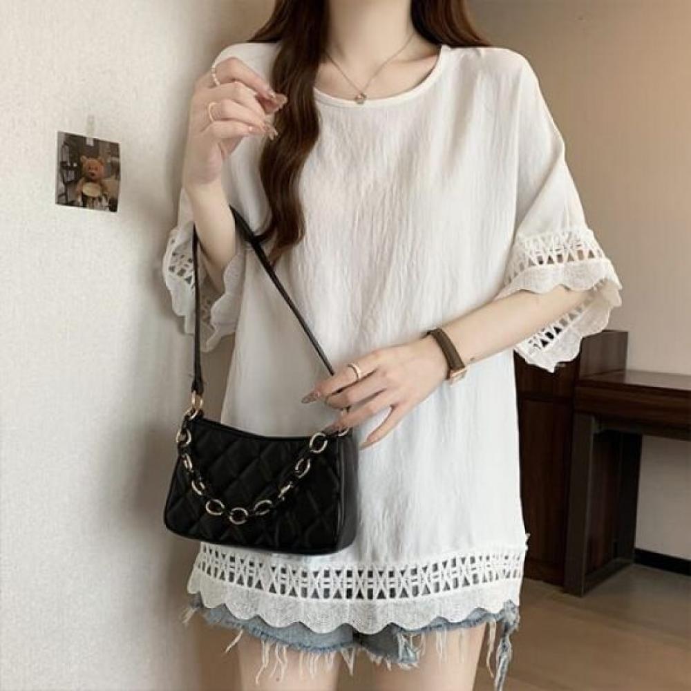 Navava Women RomanTic Lace Trimming ShorT Sleeve T shirT nT2328