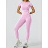 Womens Quick Dry Stretchy Yoga Set Short Sleeve T-shirt High Waist Pants Gym Workout Activewear