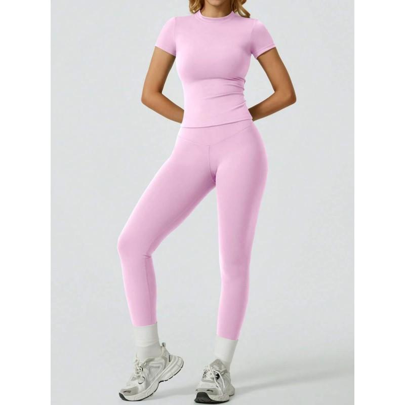 Womens Quick Dry Stretchy Yoga Set Short Sleeve T-shirt High Waist Pants Gym Workout Activewear