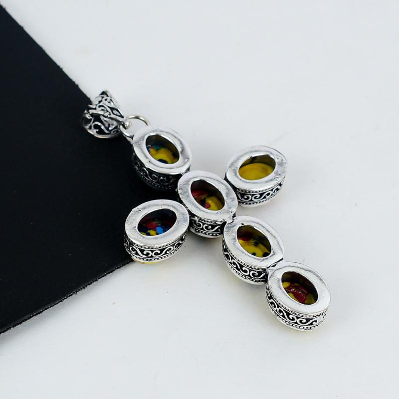 Mosaic Jasper Gemstone Pendant 925 Sterling Silver- Handmade Cross Design, Everyday Wear Jewelry, Unique Mosaic Jasper Pendant Father's Day Gifts