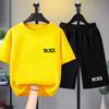 Children's summer short-sleeved printed T-shirt set, white and black T-shirt + shorts two-piece set.