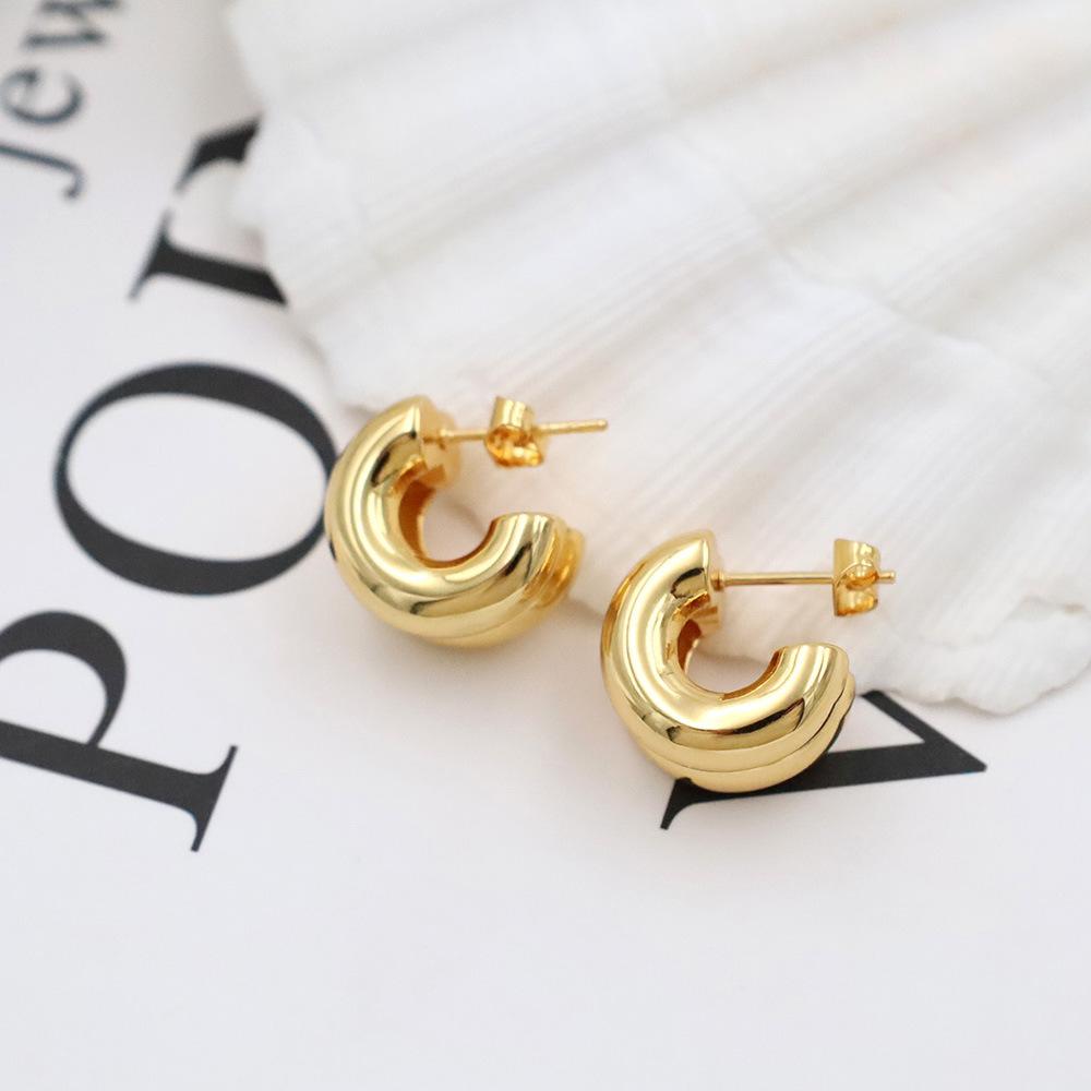 Stylish And Simple Titanium Steel Double-Layer C-Shaped Earrings, Earrings, Women'S 18K Gold-Plated Versatile Stud Earrings, Advanced Sense