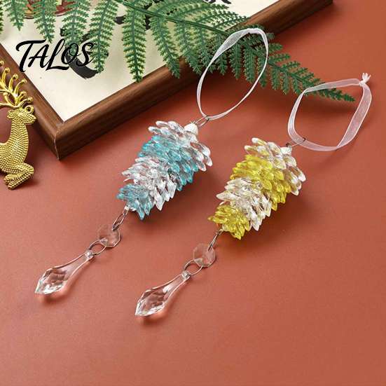 Elegant Hanging Xmas Tree Baubles Acrylic Pine Cone Pendant with Faux Crystal Drop, Christmas Winter Wonderland Party Supplies Ornaments, Transparent