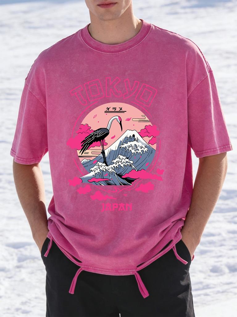 Tokyo Japan Crane Waves Prints Washed TShirts Womens Cotton Oversize T Shirt Summer ONeck Short Sleeve Tops Casual Clothes