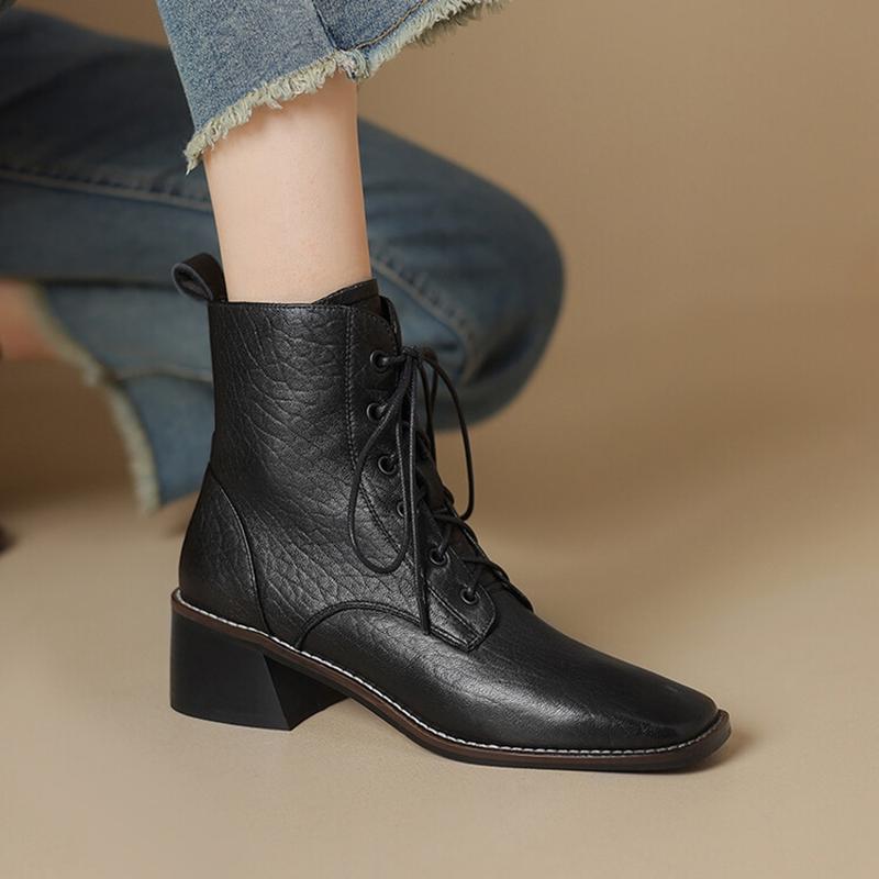 Fashion NEW Autumn/Winter Women Boots Genuine Leather Shoes for Women Square Toe Chunky Heel Shoes Lace-up Modern Boots Plus Size Shoes