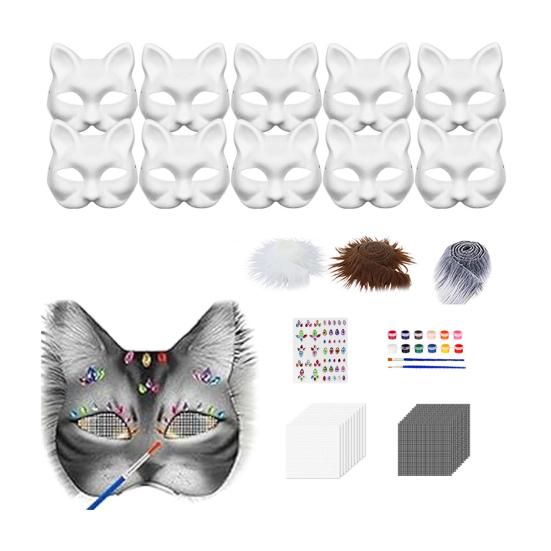 DIY Therian Masque Kit Blank Hand Painted Half Face Cat Fox Masque with Fur Eye Mesh And Felt Sheet for Halloween Carnival Masquerade Party Cosplay