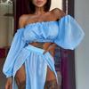 2Pcs/Set Swimwear Cover Up Solid Color Off Shoulder Waist-exposed Wear-resistant Beach Skirt for