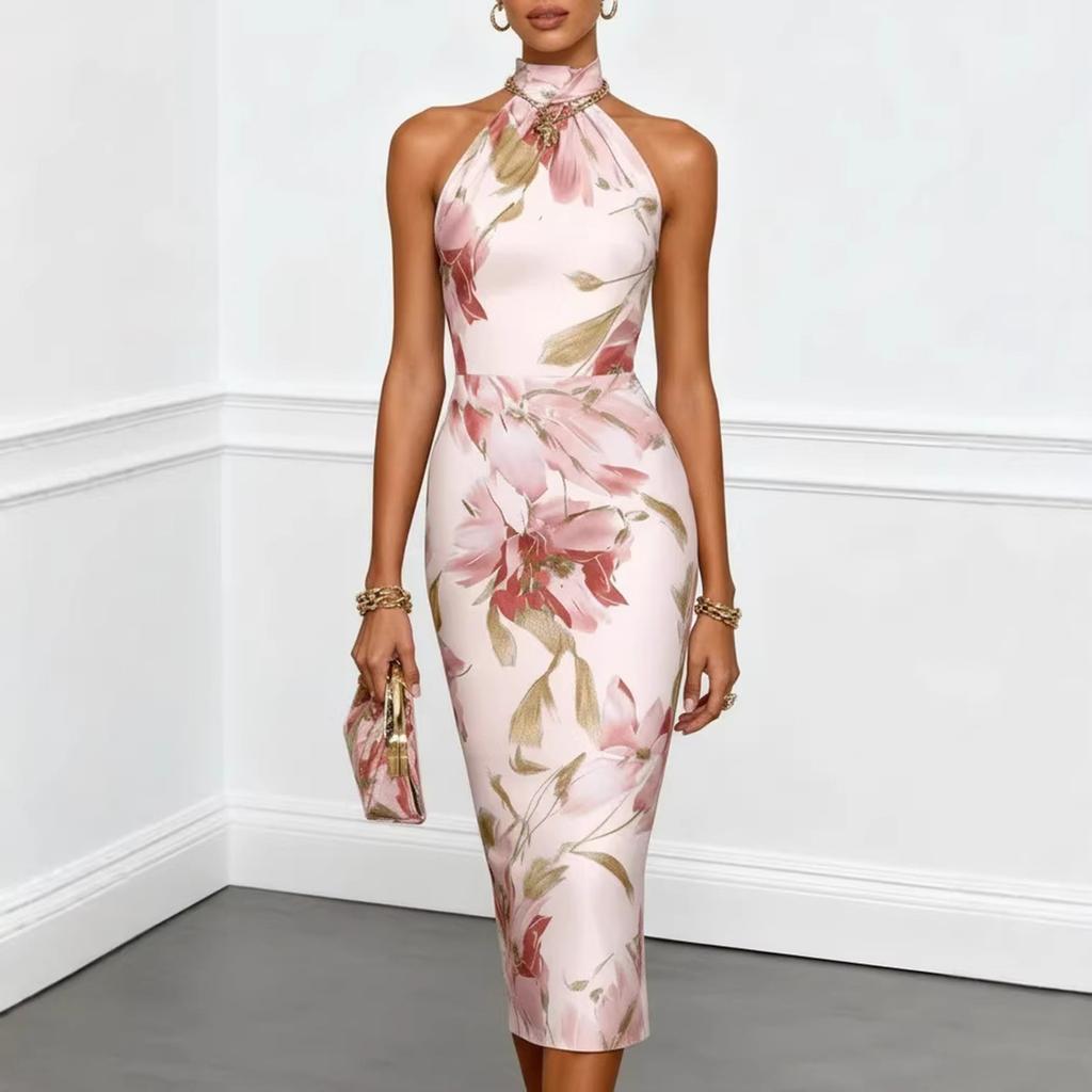 Women's Halter Neck Bodycon Dress Floral Print Sleeveless Slim Fit Midi Dress Elegant Design for Casual and Formal Wear