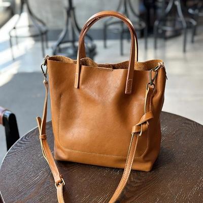 Retro Solid Color Cowhide Handbag Women's Simple Large Capacity Commuter Bag Genuine Leather Shoulder Bags