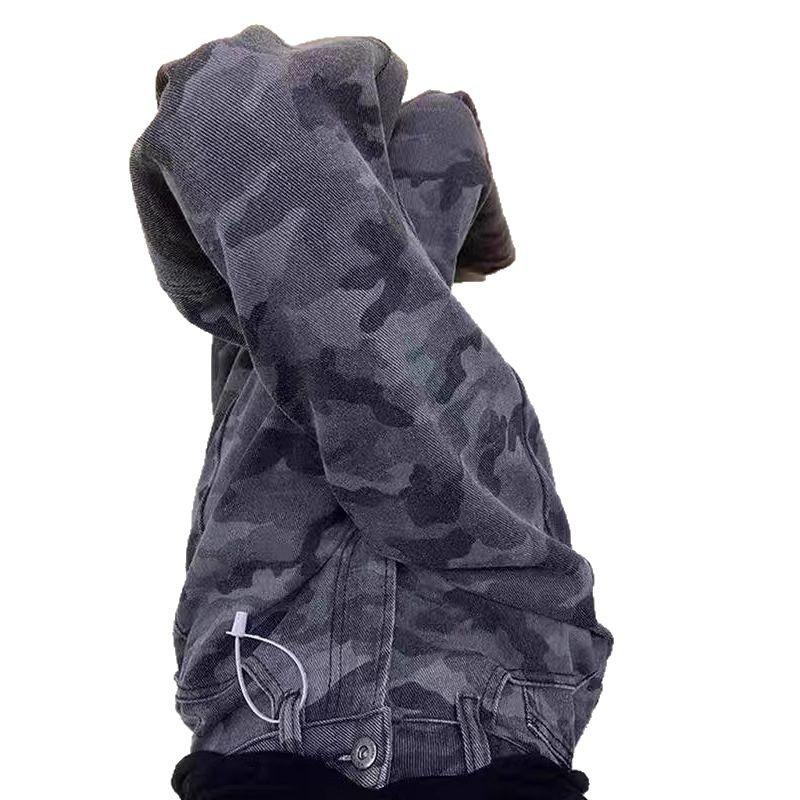 Women's High Waist Camouflage Wide-Leg Jeans - Retro Hong Kong Style, Loose Fit, Floor-Length, Slimming
