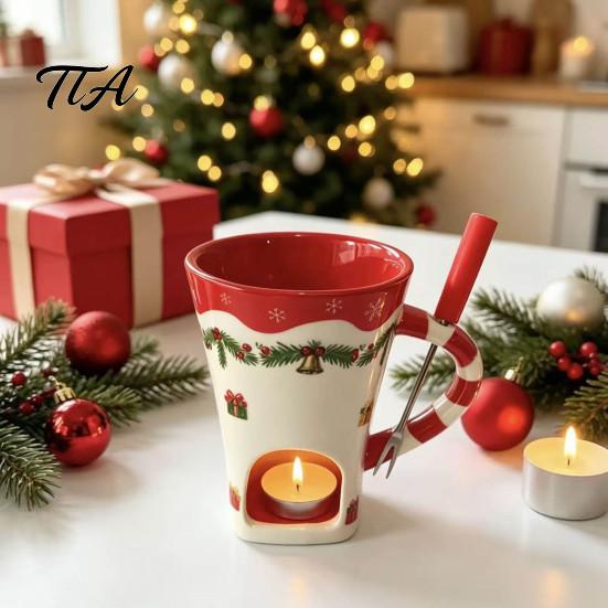 Holiday Themed Snack Server Christmas Chocolate Fondue Mug with Tea Light Warmer & Forks, 155ml Ceramic Melting Tabletop Pot for Cheese Caramel, Party