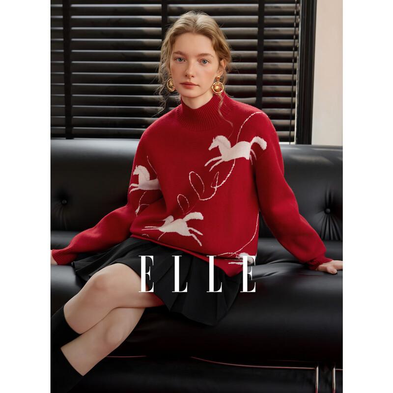 

ELLE Women s Horse Jacquard High-Neck Knit Sweater L