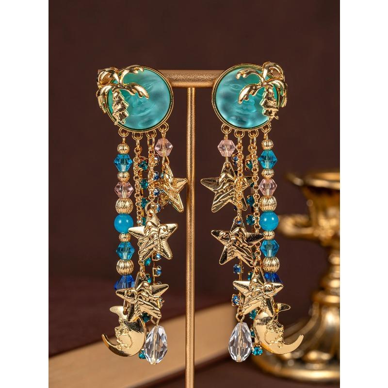 1 Pair of Retro Blue Multi-element Star and Moon Round Face Leaf Fringe Earrings