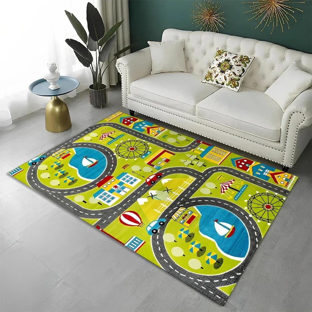 Highway City Kinderspielmatte Verkehr Spielzimmer Teppich Teppich für Zuhause Wohnzimmer Schlafzimmer Fußmatte Dekor, Bereichsteppiche Rutschfeste Bodenmatte