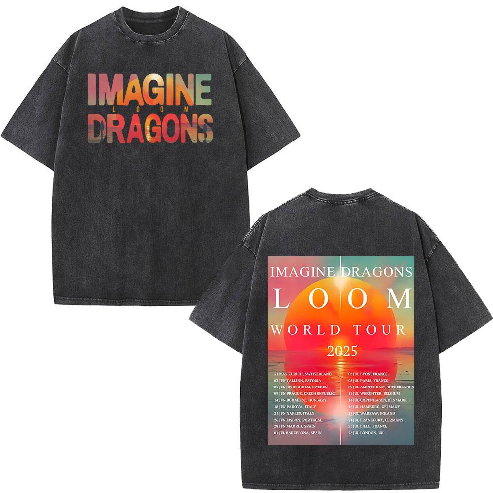 Imagine Dragons Loom World Tour Vintage Washed T Shirt Rock Band Tshirt Unisex Women Aesthetic Trendy Cotton Short Sleeve T Shirt