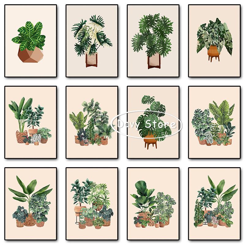 House Plants Monstera Philodendron Poster and Print Canvas Painting Potted Botanical Leaves Wall Art Picture for Room Home Decor