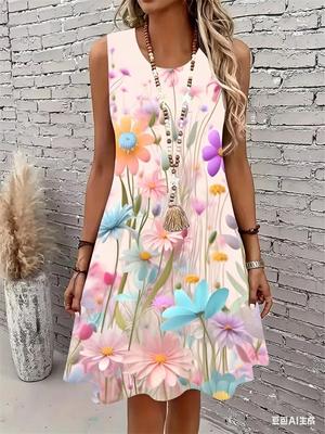 2026 Damen Sommer Boho Strandurlaub Kleid Sexy Elegant Floral 3D Druck Ärmellos O-Ausschnitt Lässig Locker Kleid Oberteil