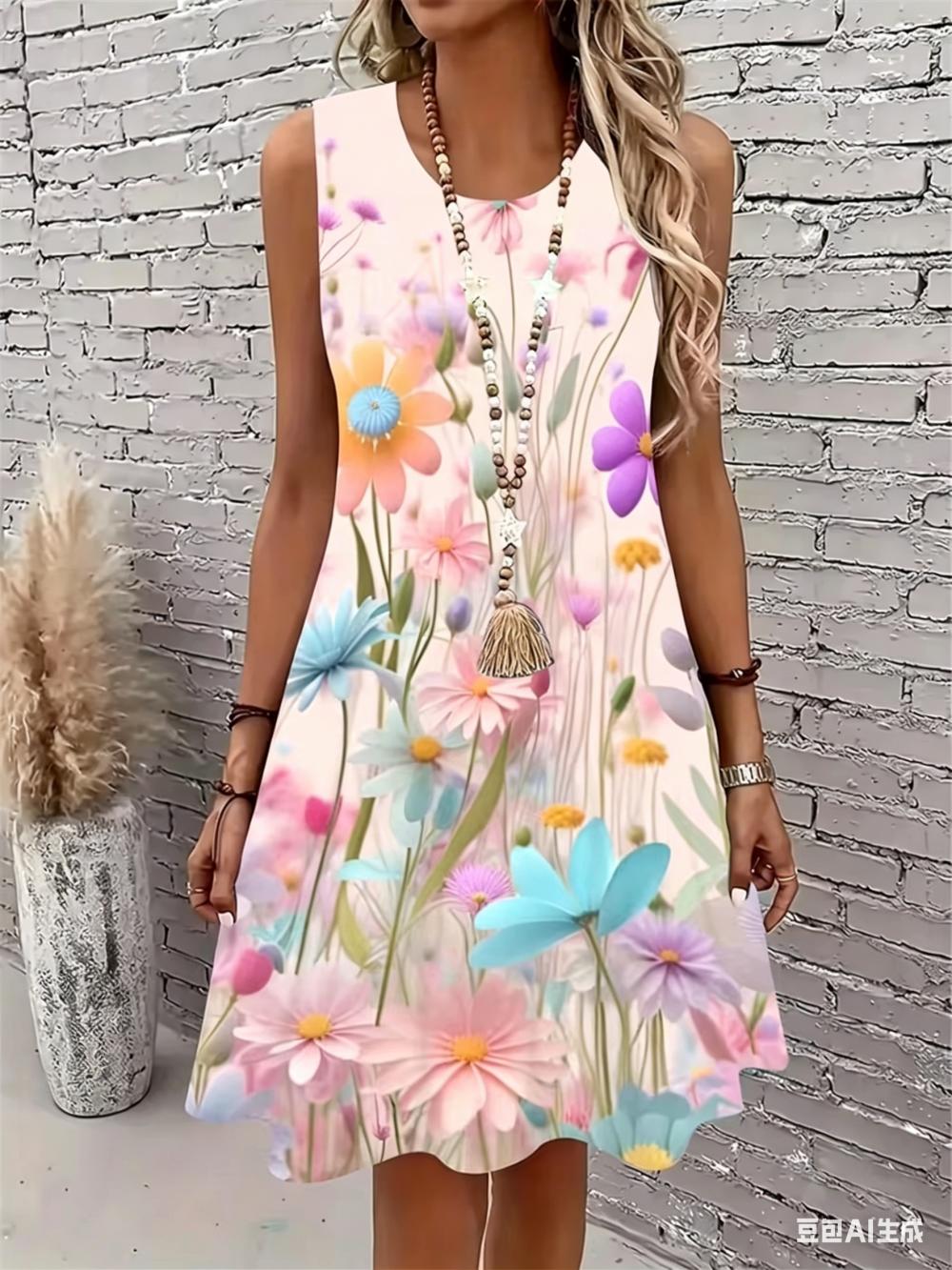 2026 Women s Summer Boho Beach Vacation Dress Sexy Elegant Floral 3D Print Sleeveless O-Neck Casual Loose Dress Top S