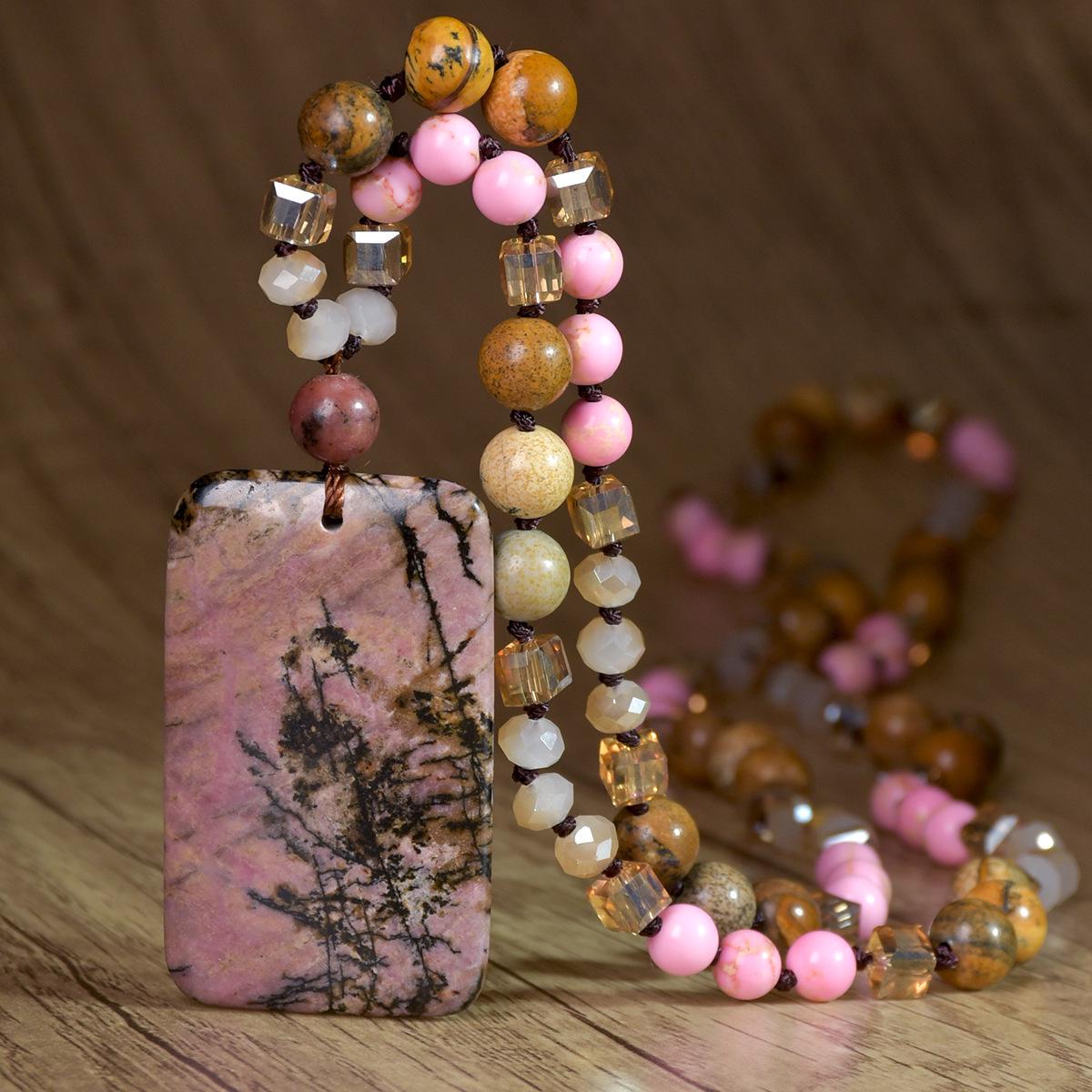 Tiger Eye Stone Pendant Necklace - Handmade Knotted Sweater Chain Jewelry for Women