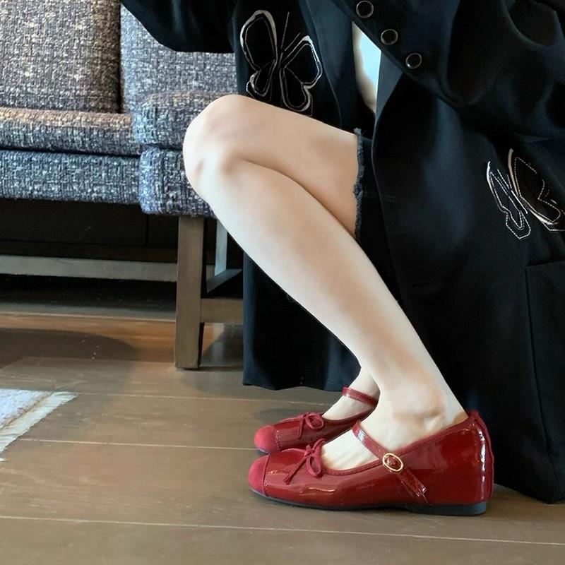 Sheepskin version! French beautiful Mary Jane shoes, red light mouth bow, one-word buckle belt inner height-increasing single shoes, wedding shoes