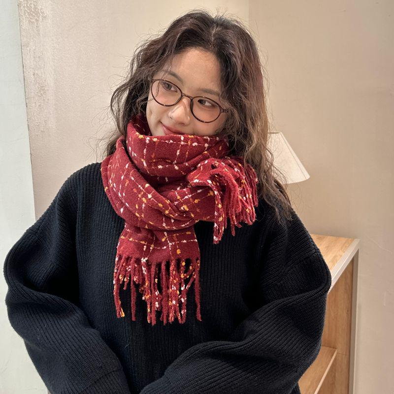 Women's Red Plaid Cashmere-Like Scarf Shawl - Warm, Versatile, Fashionable for Autumn and Winter