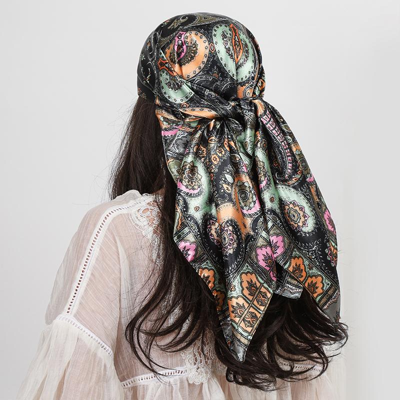 90cm Square Silk Scarves Women Hijab Shawls Paisley Cashew Flower Print Kerchief Femme Head Scarf Foulard Bandana Beach Pareo