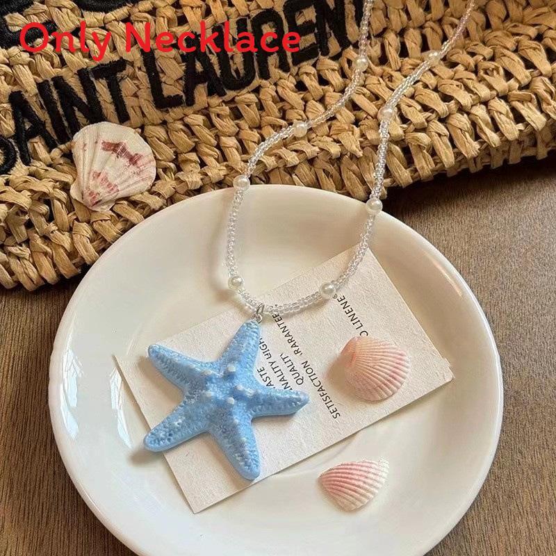 Sea Star Long Beaded Necklace With Alloy Pendant For Summer Beachwear Jewelry