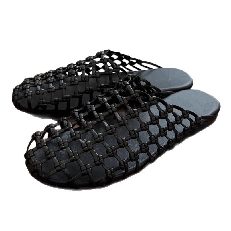 Sheepskin Version~ Leather Sandals Women 2025 Summer Hollow Fishing Net Bag Head Drag Outside Wearing French Holiday Flat Bottom Half Slippers