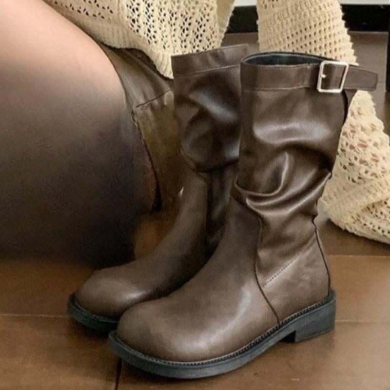 

Fall New Block Heel Single Boots Women s Round Toe Sleeve Metal Belt Buckle Soft Sole Non-slip Mid-leg Boots 35