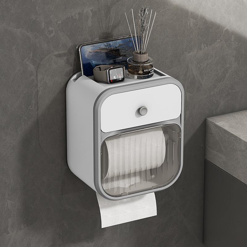 Wall Mounted Tissue Holder Roll Paper Holder Paper Drawer Toilet Tissue Box Non Perforated Storage Rack Bathroom Accessories