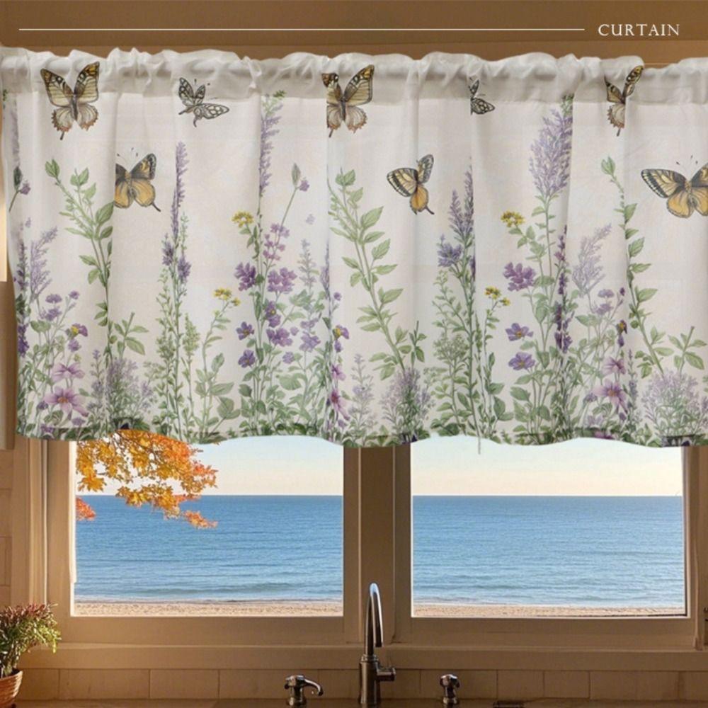 Lavender Print Short Curtain Country Style 1 Panel Sheer Valance Curtain for Small Window/Kitchen Voile Curtain Home Decor
