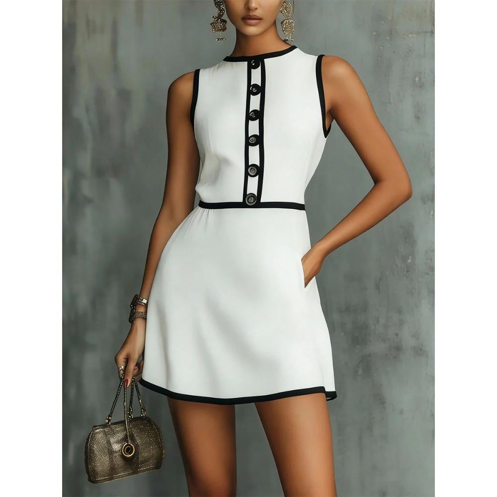 Women's Round Neck Sleeveless A-Line Mini Dress Mid Waist Elegant Casual Short Dress