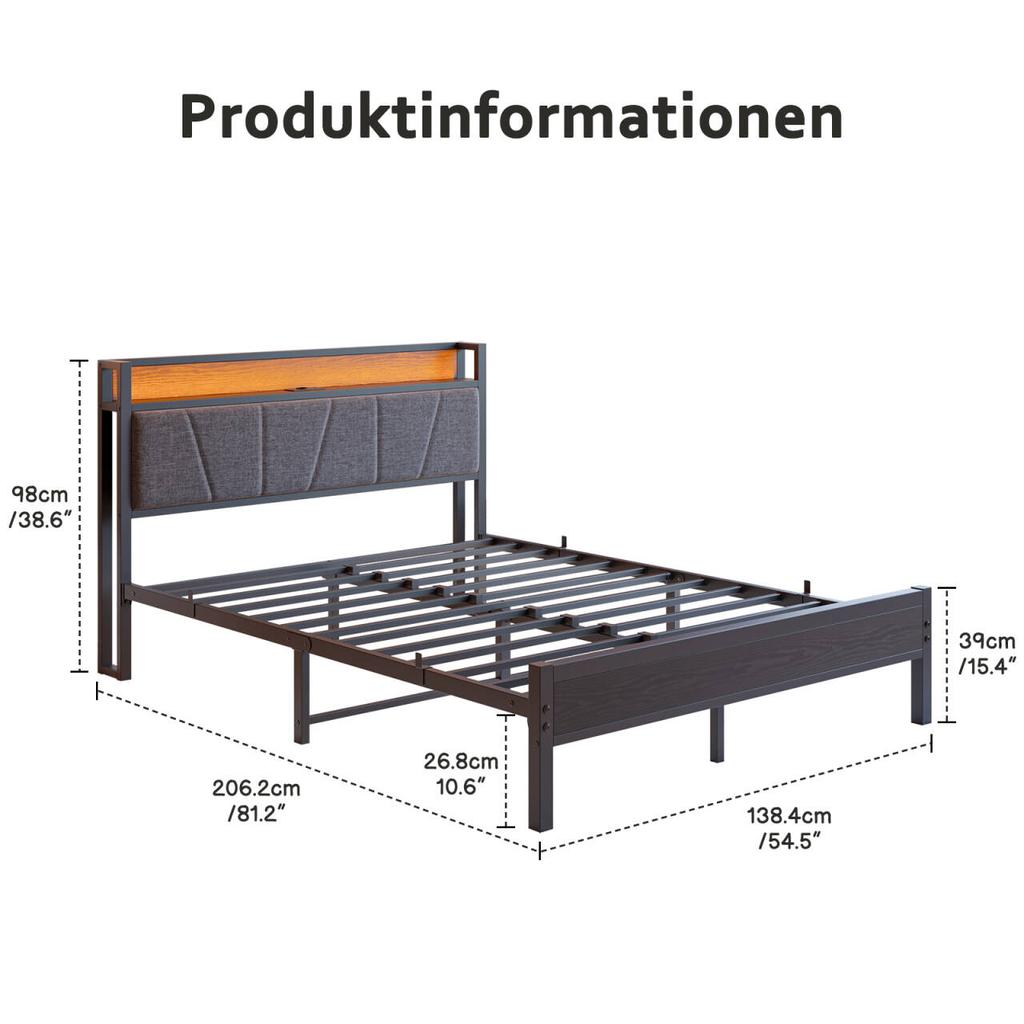 140x200cm Bed Frame with LED Lights, Storage Headboard with USB Charging, Heavy Duty Metal Slat Support, Noise-free, Assembly, No Box Spring Required