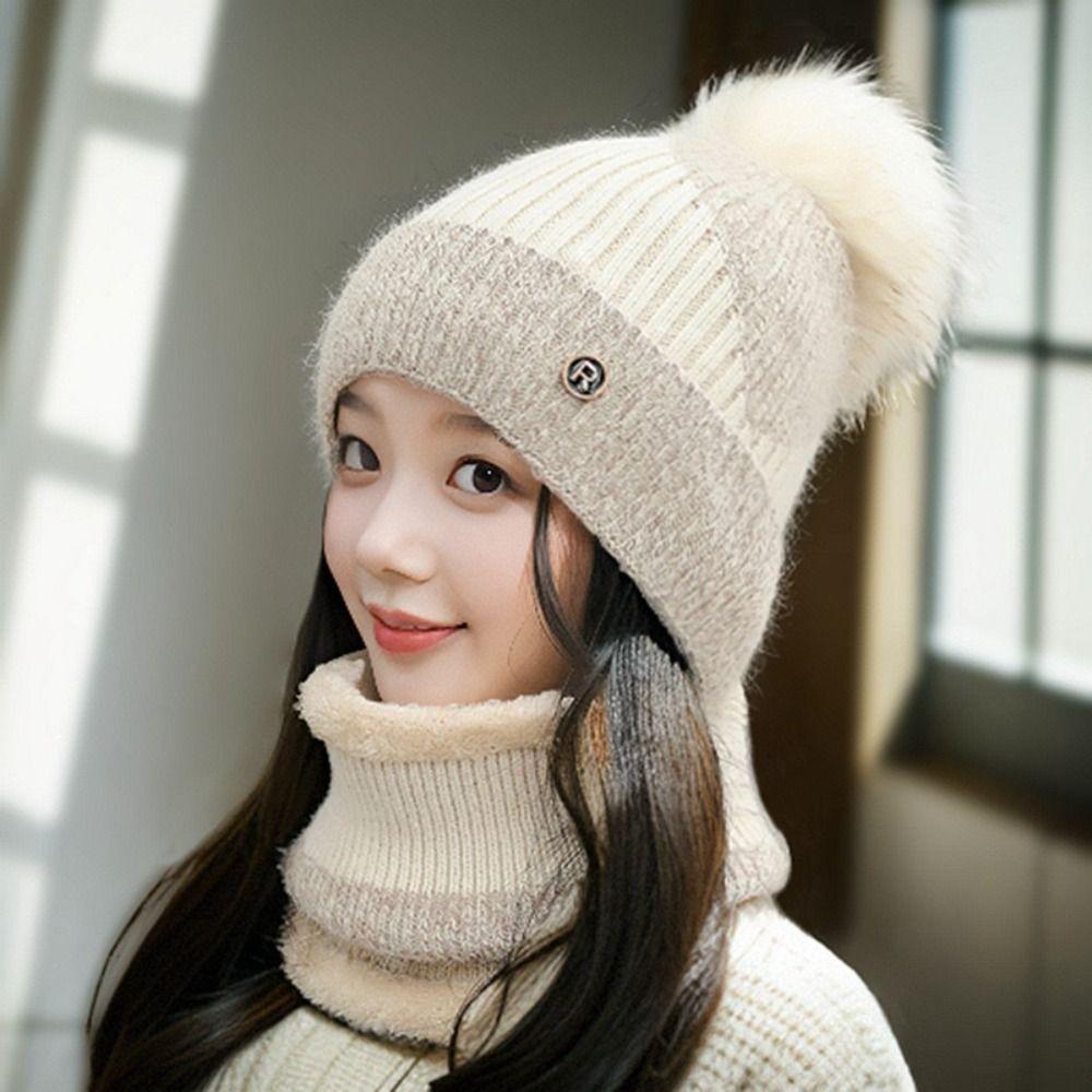 Elastic Winter Pullover Cap Plush Ball Beanie Hat Dome Hat Cap and Scarf Suit  Gifts