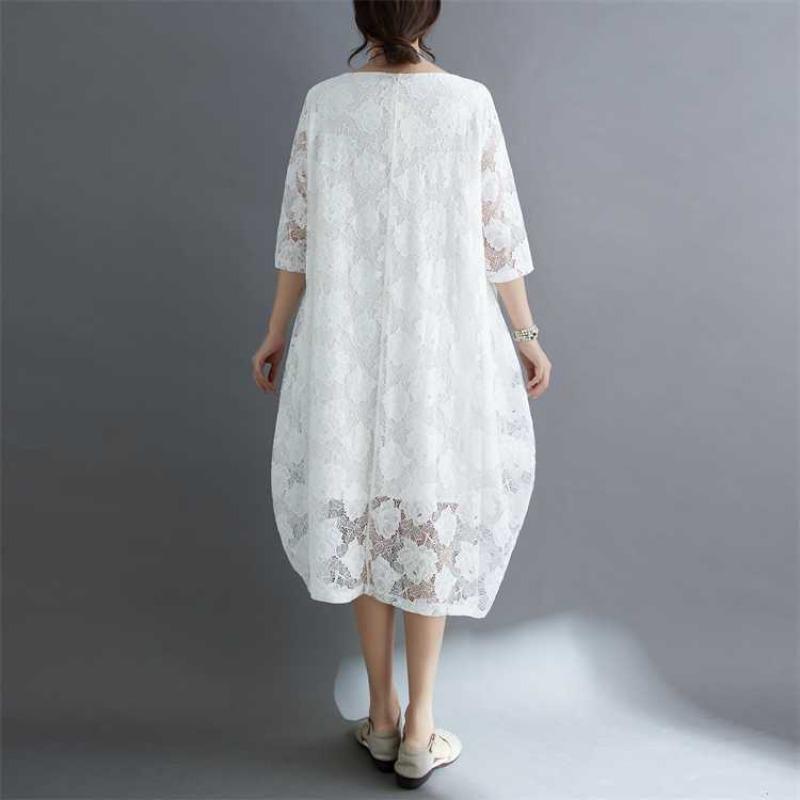 Summer Ethnic Style Lace Vintage Loose Dress Women Print Solid Color Round Neck Patchwork Pocket Long Sleeved Casual Versatile Dresses