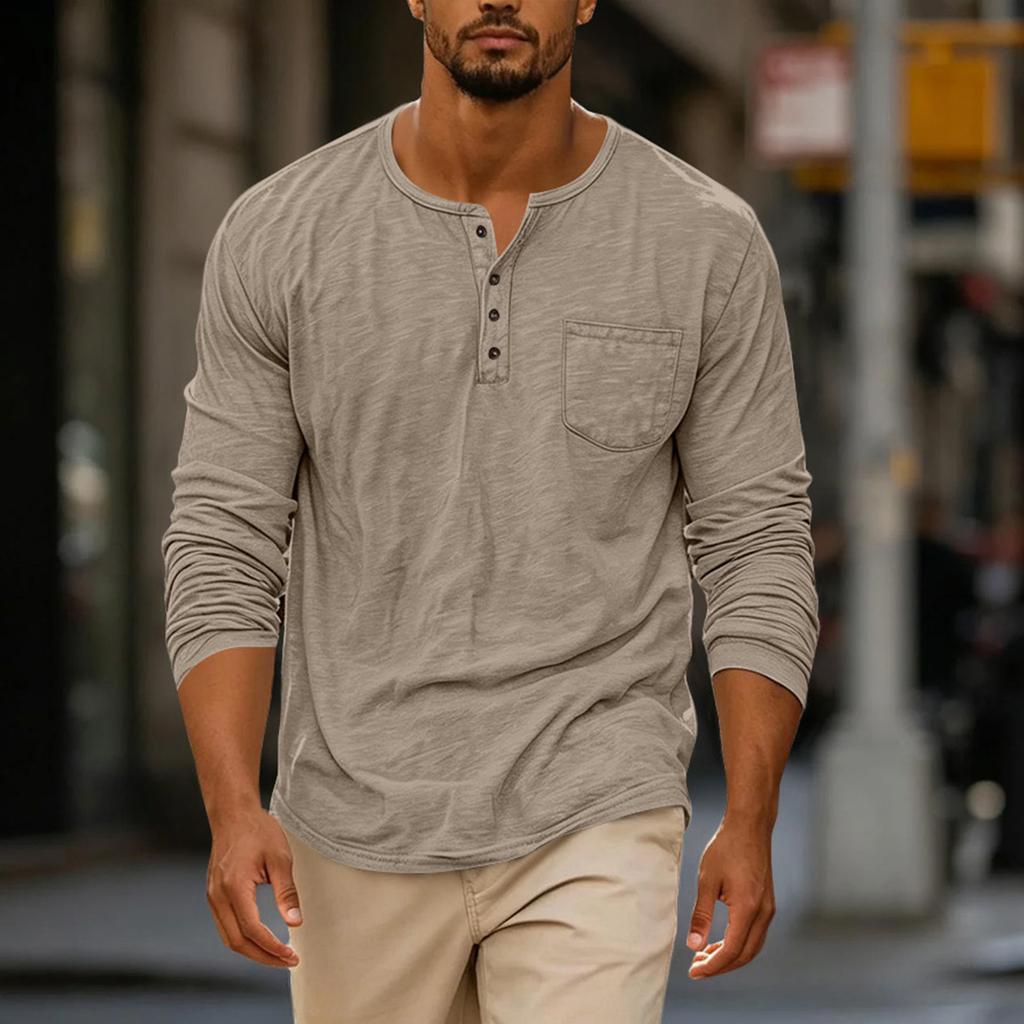 Men's Casual Long Sleeve Round Neck Shirt with Button Front and Pockets