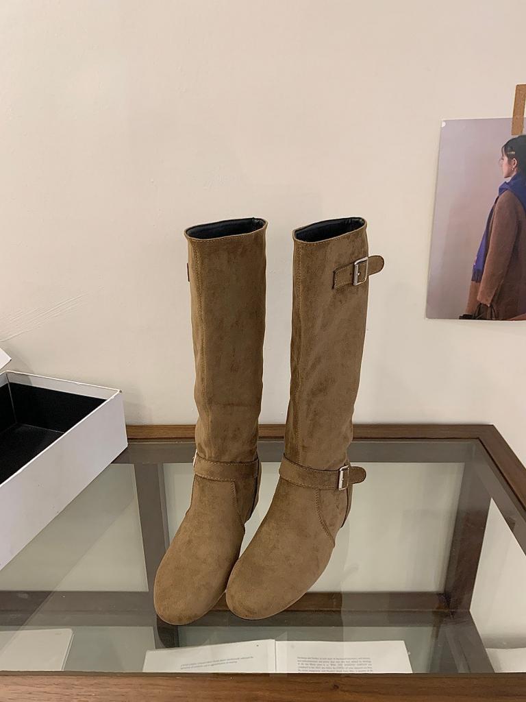 2025 new breasted fashionable round head boots thick-soled versatile high boots black Korean version retro knight boots women