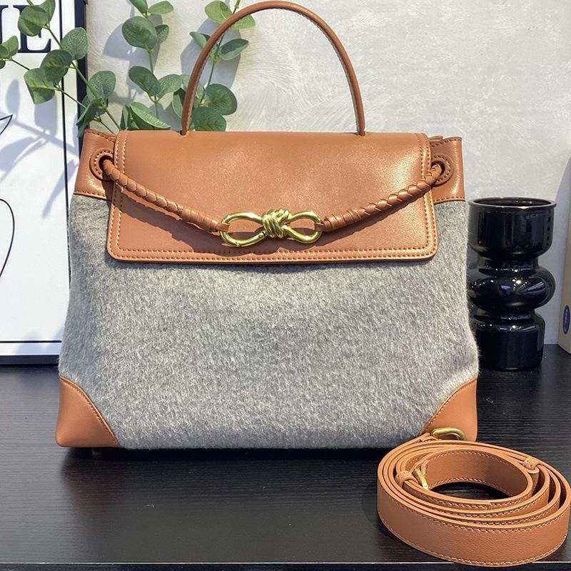 Bolsa de mão de lã de alta qualidade transfronteiriça feminina 2026 nova bolsa tote com fivela de laço bolsa de ombro mensageiro