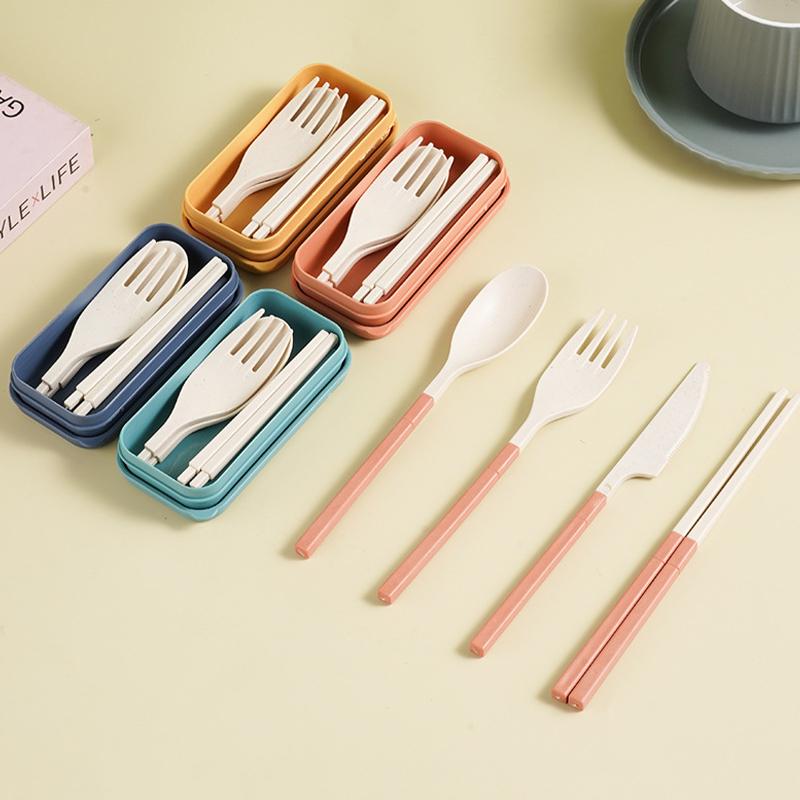 Japanese-Style Wheat Straw Cutlery Set Knife Fork Spoon Chopsticks - Three-Piece Folding Portable Cutlery