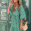 Women V Neck 3/4 Puff Sleeves Maxi Dress Bohemia Floral Print Stitching Flow Hem Loose Fit Beach Long Dress Casual Sundress