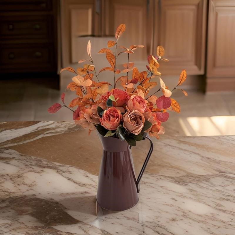 Artificial Rose Flower In Iron Bucket Artificial Leaf Plant Thanksgiving Table Centerpieces Decoration for Weddding