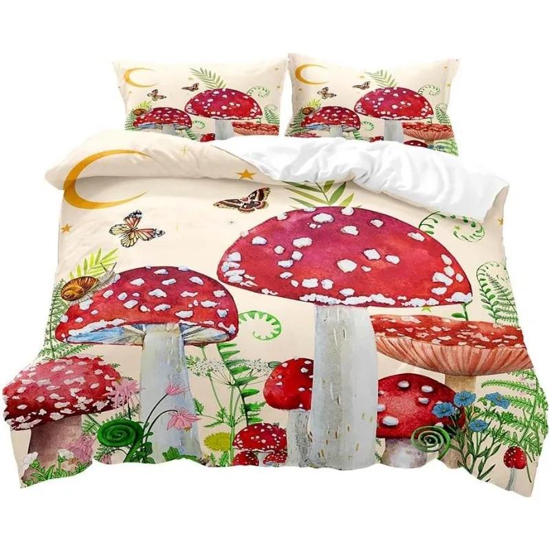 Aesthetic Boho Duvet Cover Full,3PCS  Bedding Set,Green Plant Botanical Fungus Beige Comforter Bedspread Quilt Cover