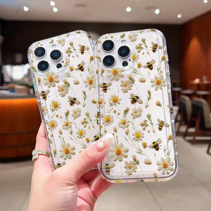 Cute Honeybee Flower Pattern Soft Clear hone Case For iPhone 17 16 16E 15 14 13 12 11 Pro Max Air XS X XR 7 8Plus SE2 Soft Cover