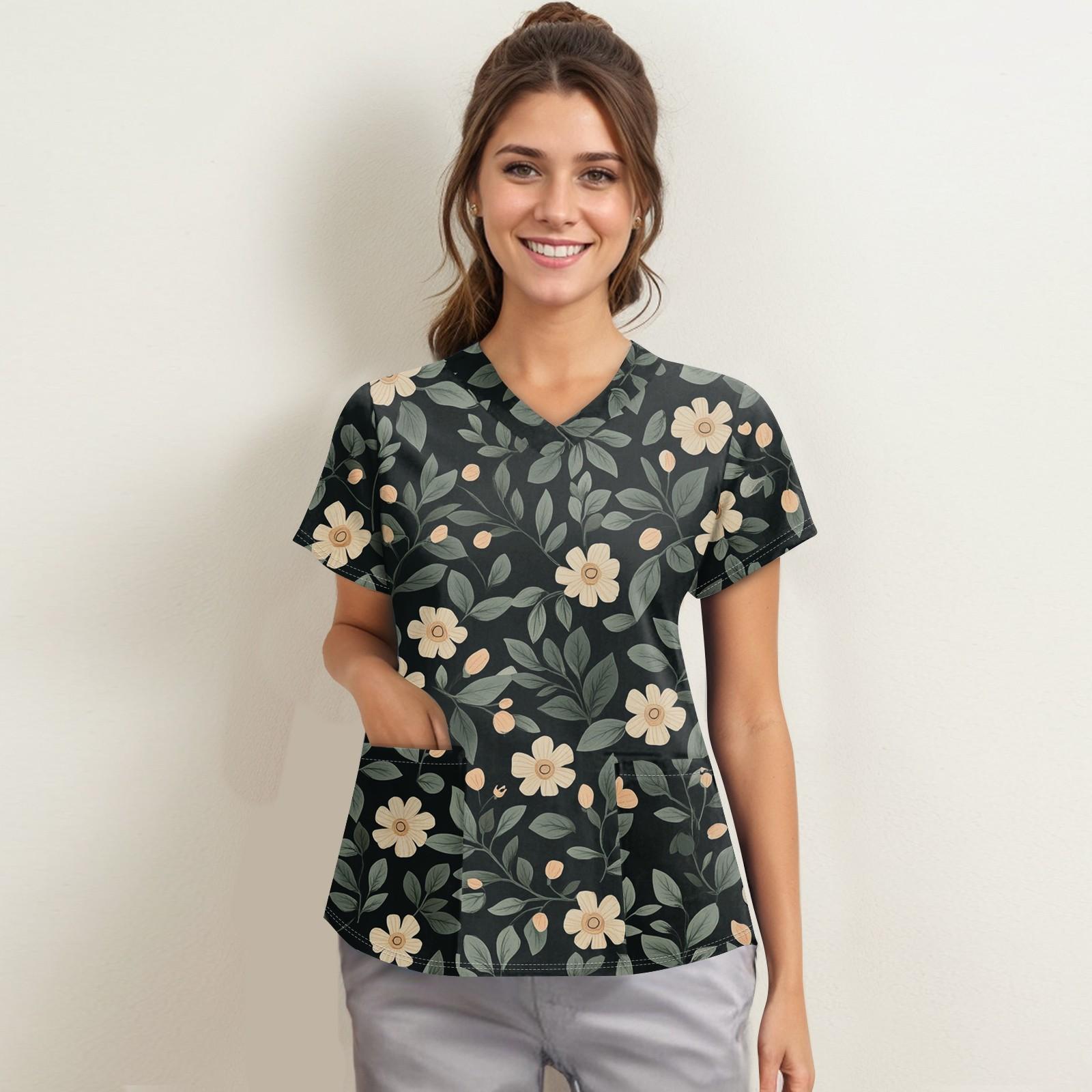 

Жіночий модний робочий одяг з V-подібним вирізом і короткими рукавами з принтованими кишенями XL