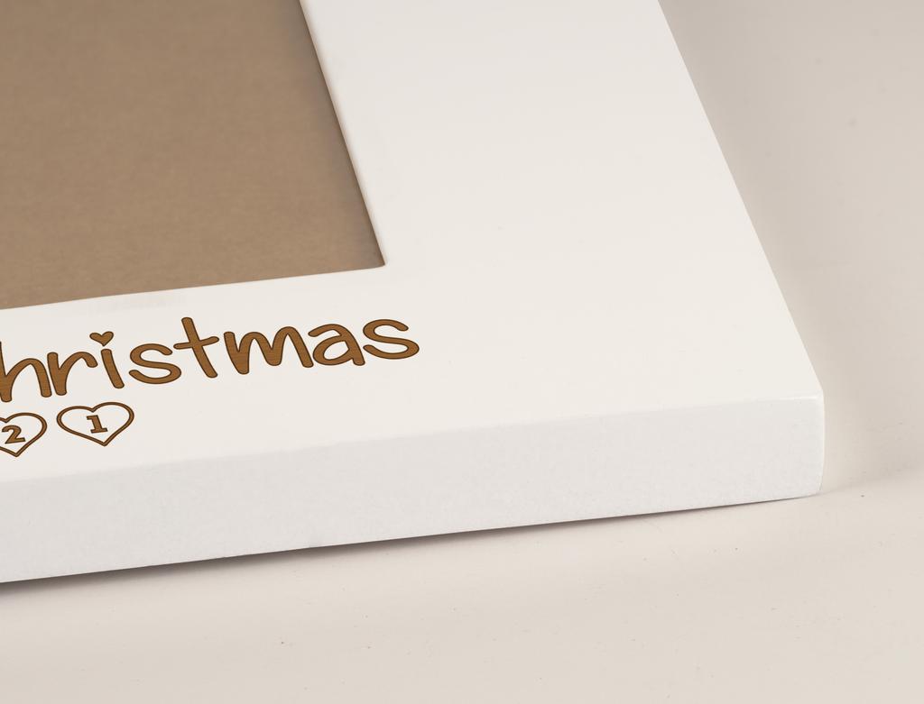 Darling Souvenir MADE WITH LOVE Personalized Wood Engraved Christmas Picture Frame, Table Top White Photo Frame (My First Christmas)