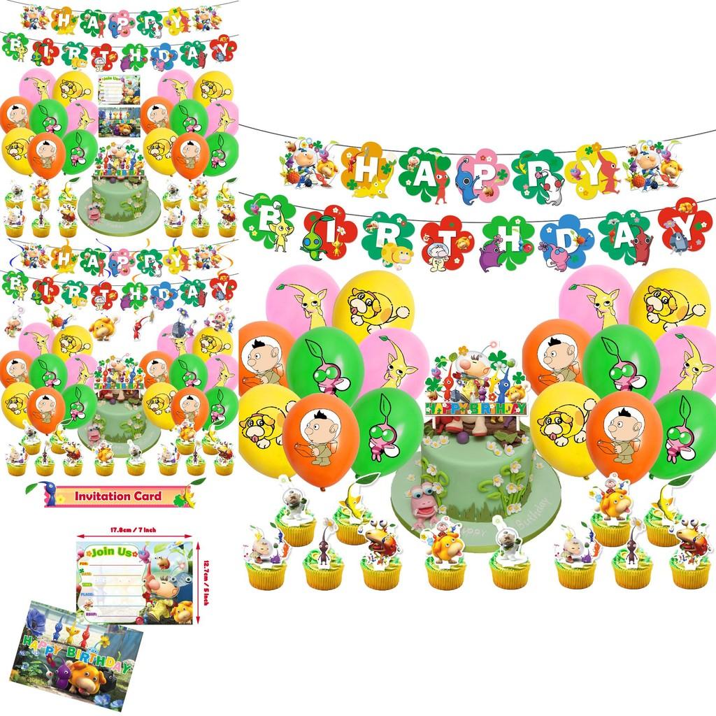 Pikmin-4 Geburtstagsparty-Dekorationsset: Papiergirlande, Luftballons, Tortenaufsatz, Cupcake-Aufsatz und mehr!