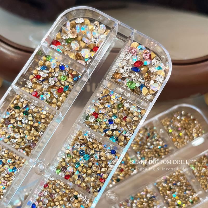 12 Grids Mixed Color Nail  3D Pointed Bottom Back Nail Diamond Gems Ab   Nail Art Charms Diy