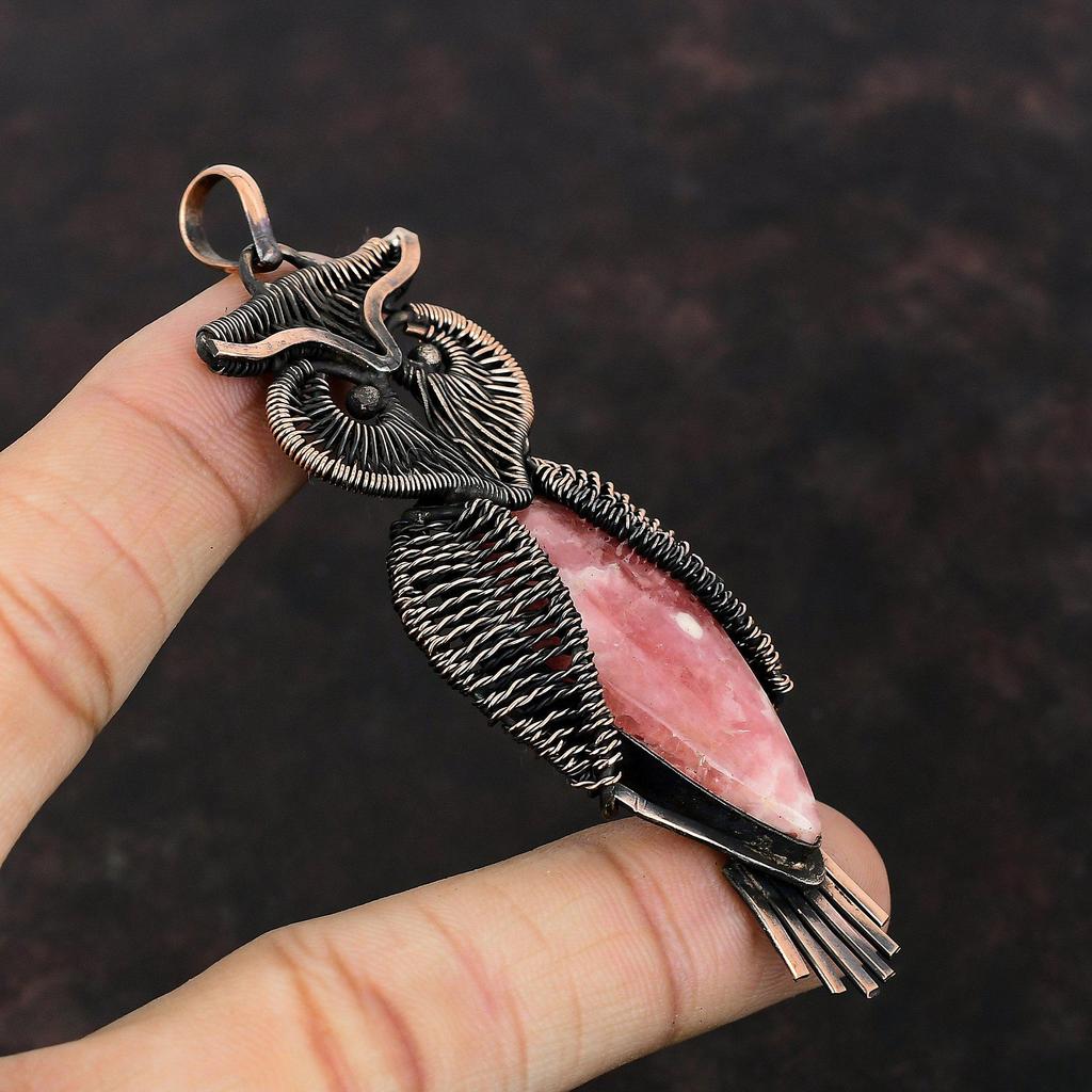 Pandantiv rodocrosit, învelit cu sârmă de cupru, pandantiv cu pietre prețioase, pandantiv antic, bijuterii din cupru