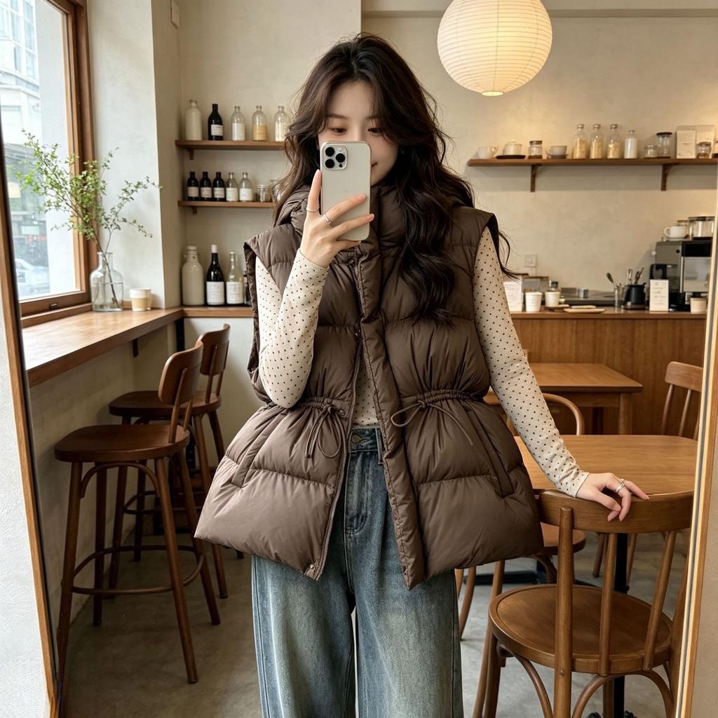European winter new down cotton drawstring cotton vest women's medium and long warm waist slim vest jacket